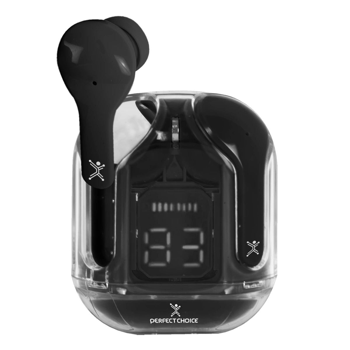 Audífonos Inalámbricos Perfect Choice TWS Estuche Transparente ClearBeat con Indicador de Carga — Negro