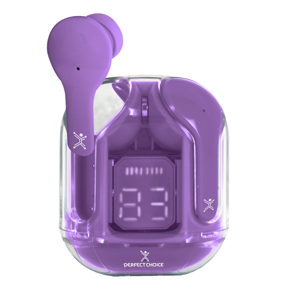 Audífonos Inalámbricos Perfect Choice TWS Estuche Transparente ClearBeat con Indicador de Carga — Morado