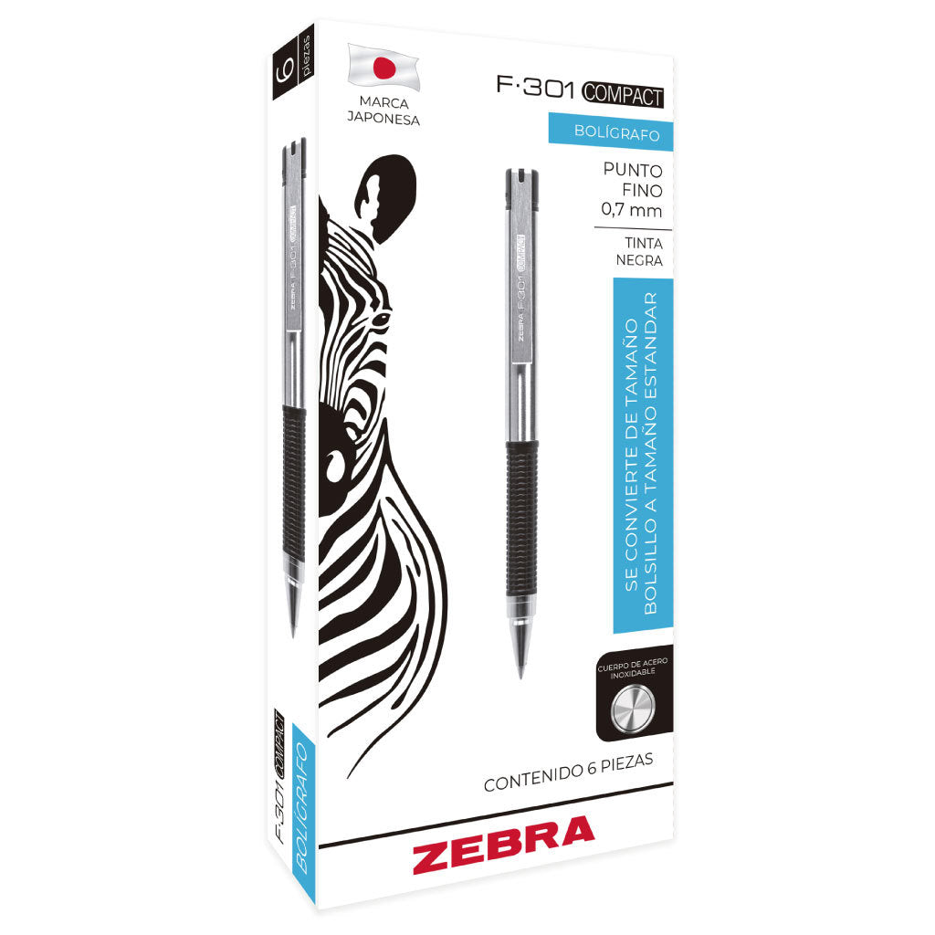 Boligrafo F-301 compac grip azul punto fino tinta negra cuerpo de Acero inoxidable caja con 6