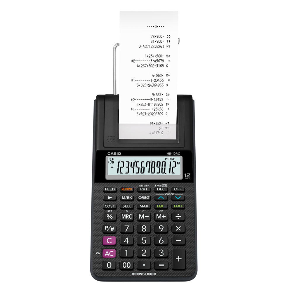 Calculadora Casio con impresora tipo Sumadora HR-10RC negro pantalla LCD Costo Venta y Margen 150 pasos
