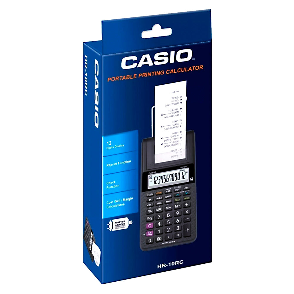 Calculadora Casio con impresora tipo Sumadora HR-10RC negro pantalla LCD Costo Venta y Margen 150 pasos