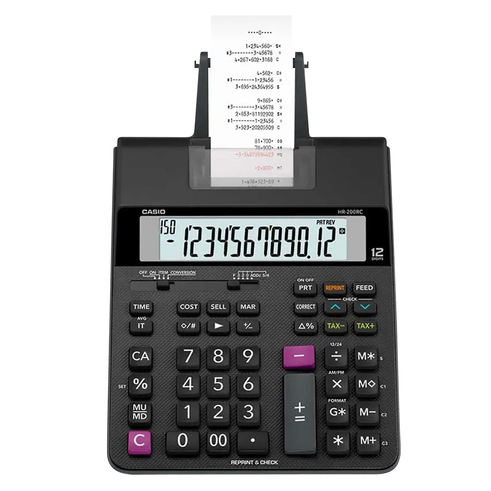 Calculadora Casio con impresora tipo Sumadora HR-200RC negro pantalla LCD Costo Venta y Margen 150 pasos