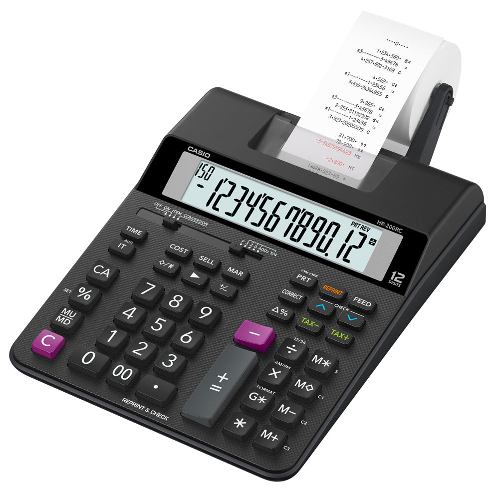 Calculadora Casio con impresora tipo Sumadora HR-200RC negro pantalla LCD Costo Venta y Margen 150 pasos