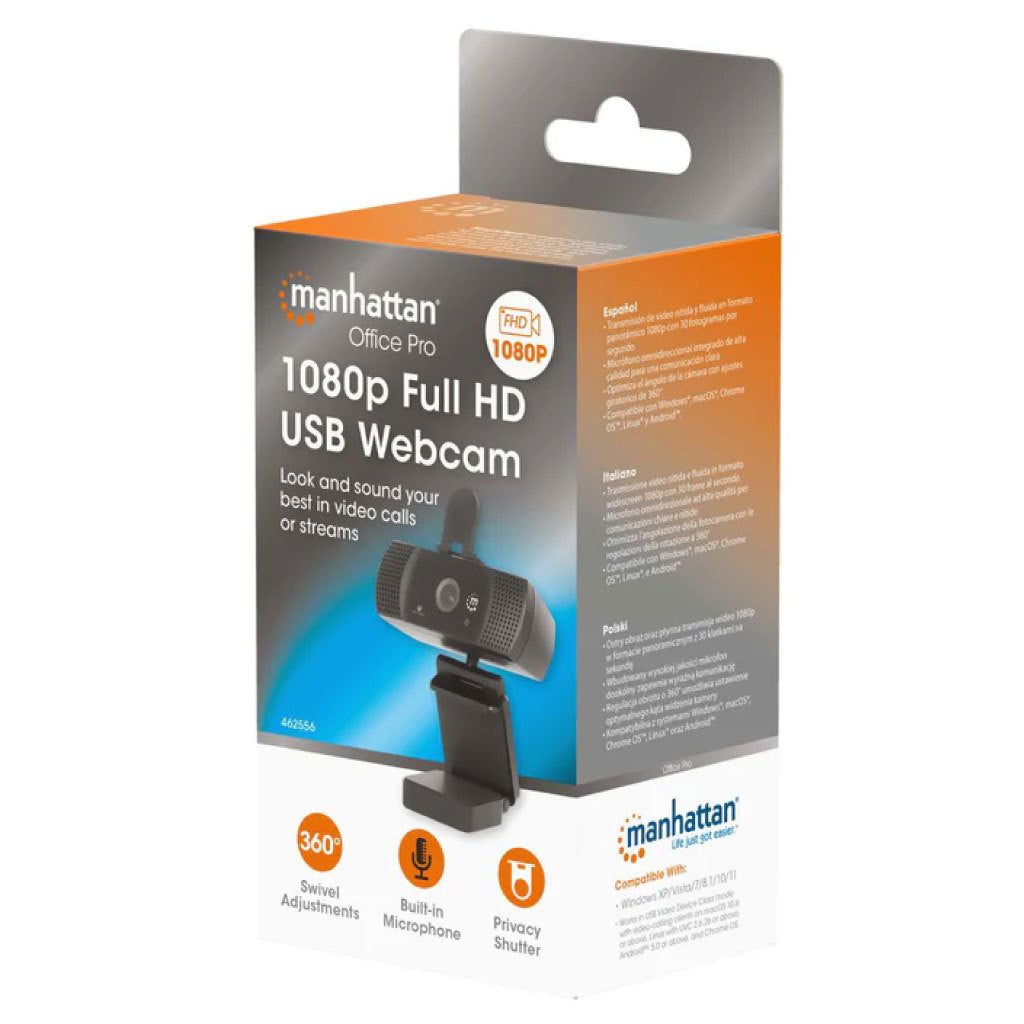 Cámara Web Manhattan Full HD USB Rotacion 360 Negra
