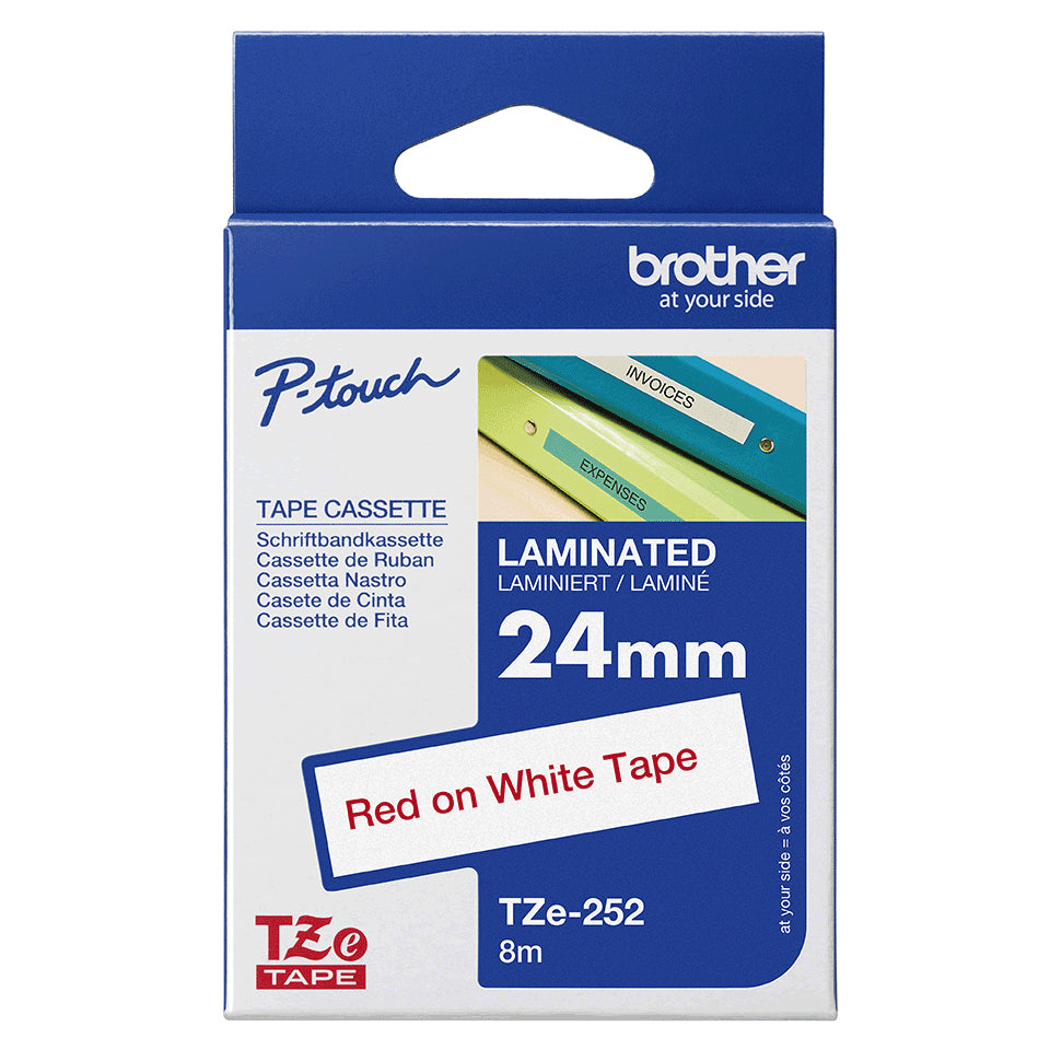 Cinta Brother TZE252 Laminada Estándar Texto Rojo Fondo Blanco 24mmx8m