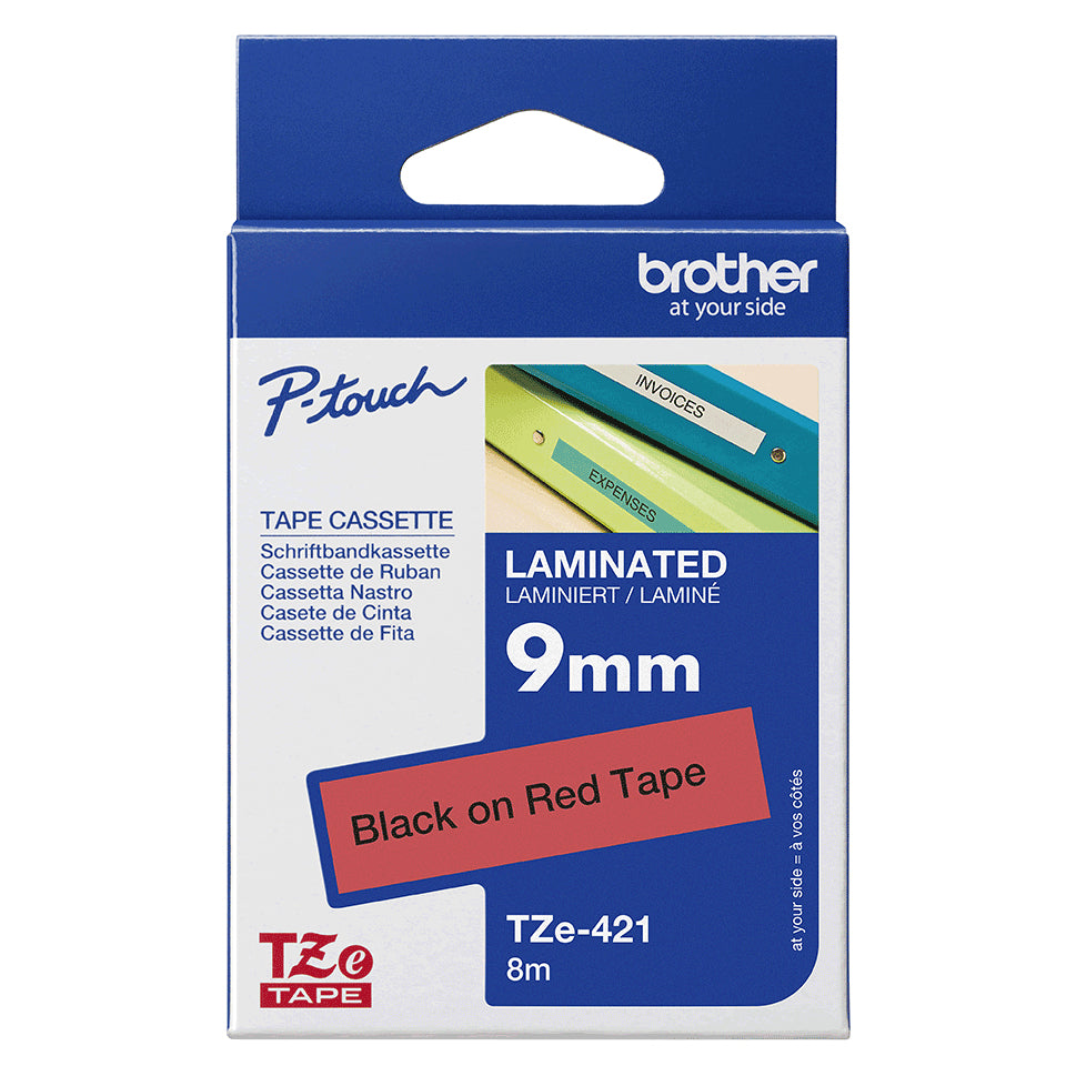 Cinta Brother TZE421 Laminada Estándar Texto Negro Sobre Cinta Roja 9mmx8m