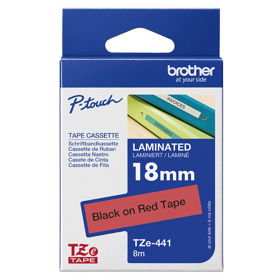 Cinta Brother TZE441 Laminada Texto Negro Sobre Fondo Rojo 18mmx8m PT300/310B/330/530