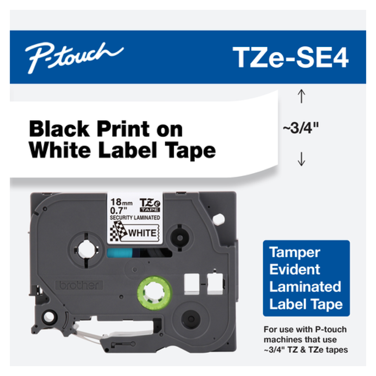 Cinta Brother TZESE4G Laminada Texto Negro Sobre Fondo Blanco 18mmx8m