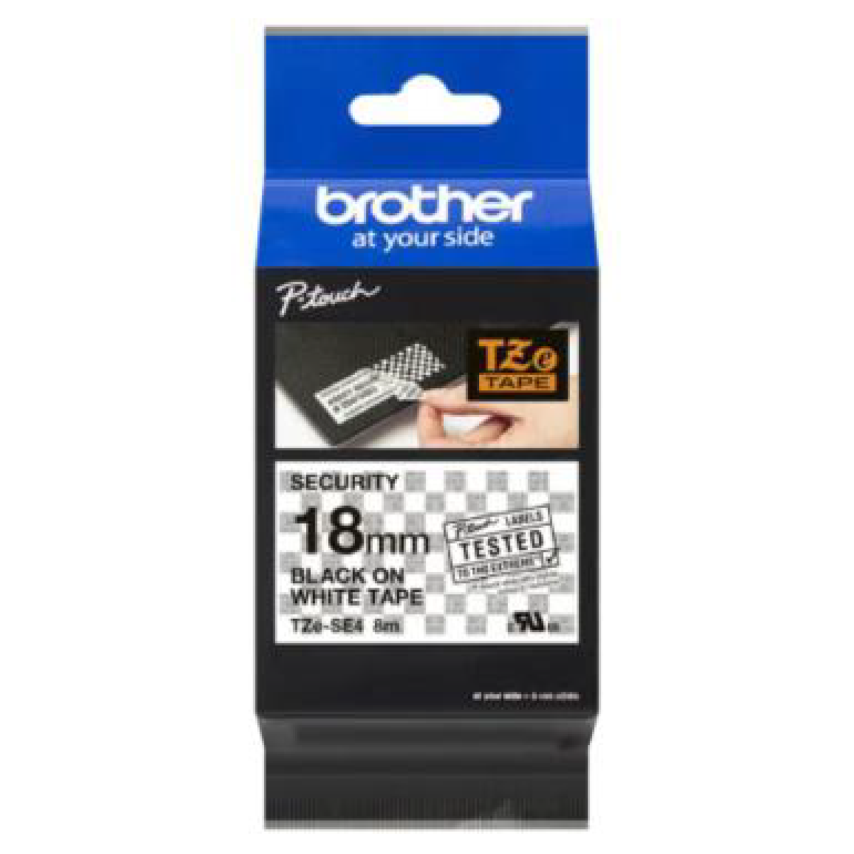 Cinta Brother TZESE4G Laminada Texto Negro Sobre Fondo Blanco 18mmx8m
