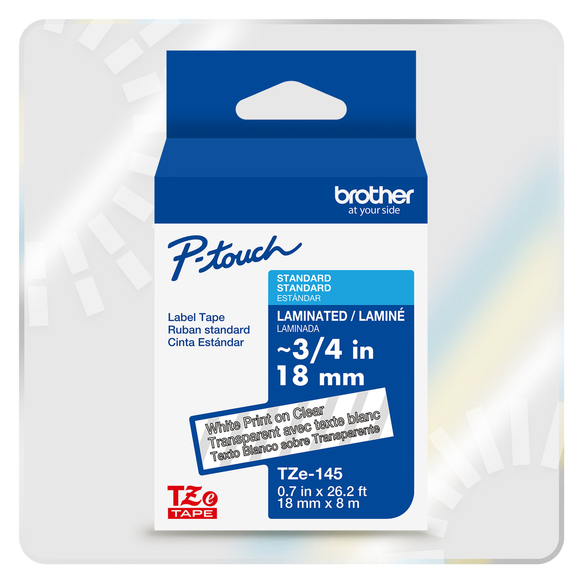 Cinta Laminada Brother Estándar Texto Blanco sobre Cinta de 18mm x 8m — Transparente