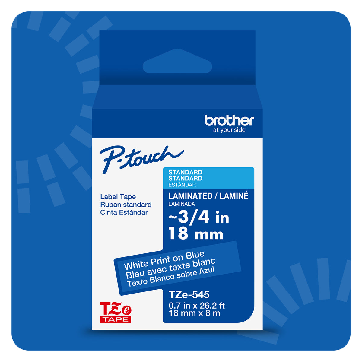 Cinta Laminada Brother Estándar Texto Blanco sobre Cinta de 18mm x 8m — Azul