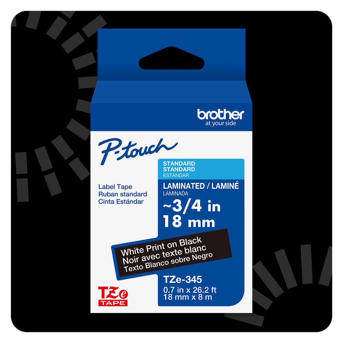 Cinta Laminada Brother Estándar Texto Blanco sobre Cinta de 18mm x 8m — Negro