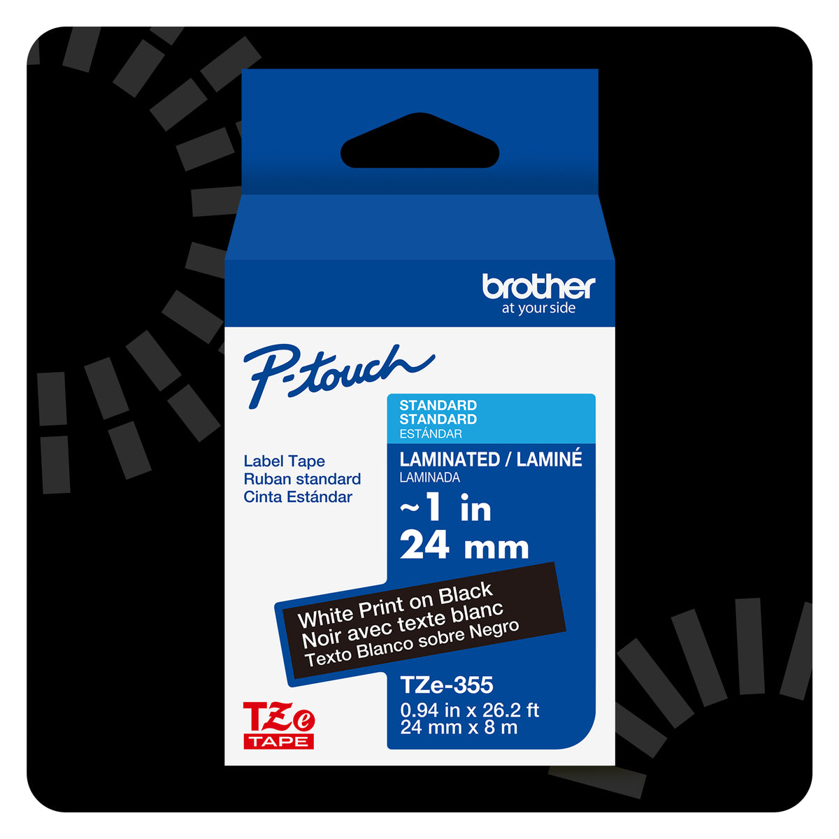 Cinta Laminada Brother Estándar Texto blanco sobre cinta negra de 24mm x 8m