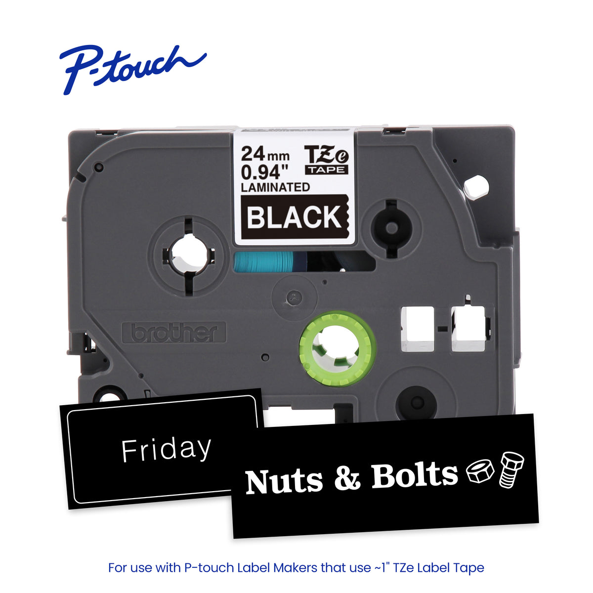 Cinta Laminada Brother Estándar Texto blanco sobre cinta negra de 24mm x 8m