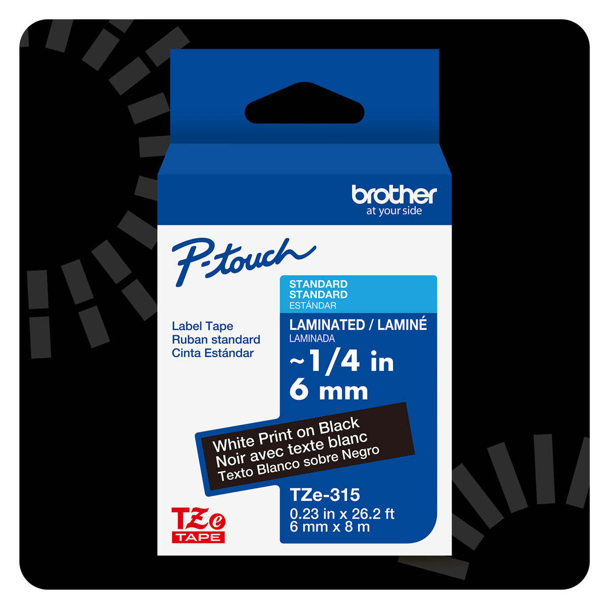 Cinta Laminada Brother Estándar Texto blanco sobre cinta negra de 6mm x 8m