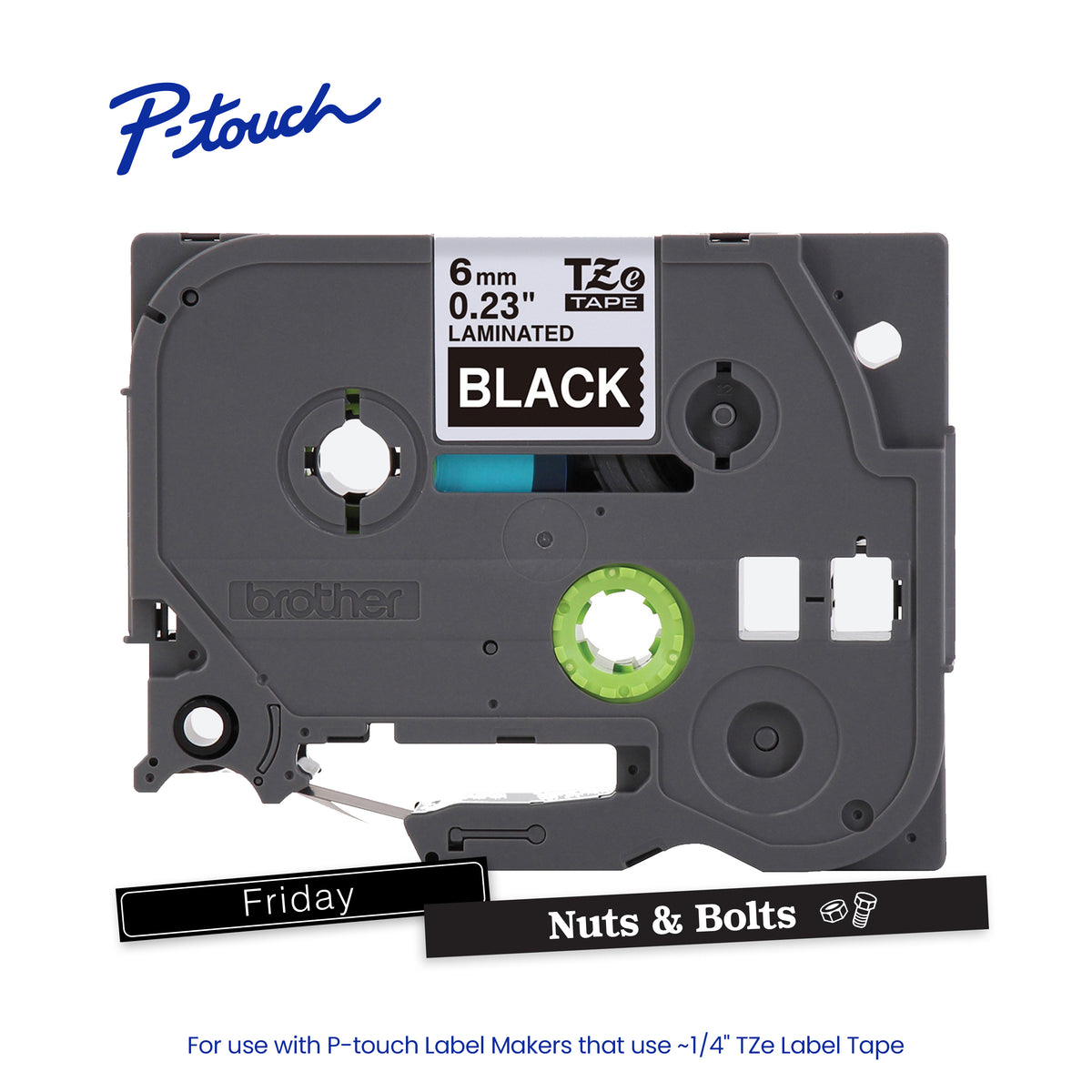 Cinta Laminada Brother Estándar Texto blanco sobre cinta negra de 6mm x 8m