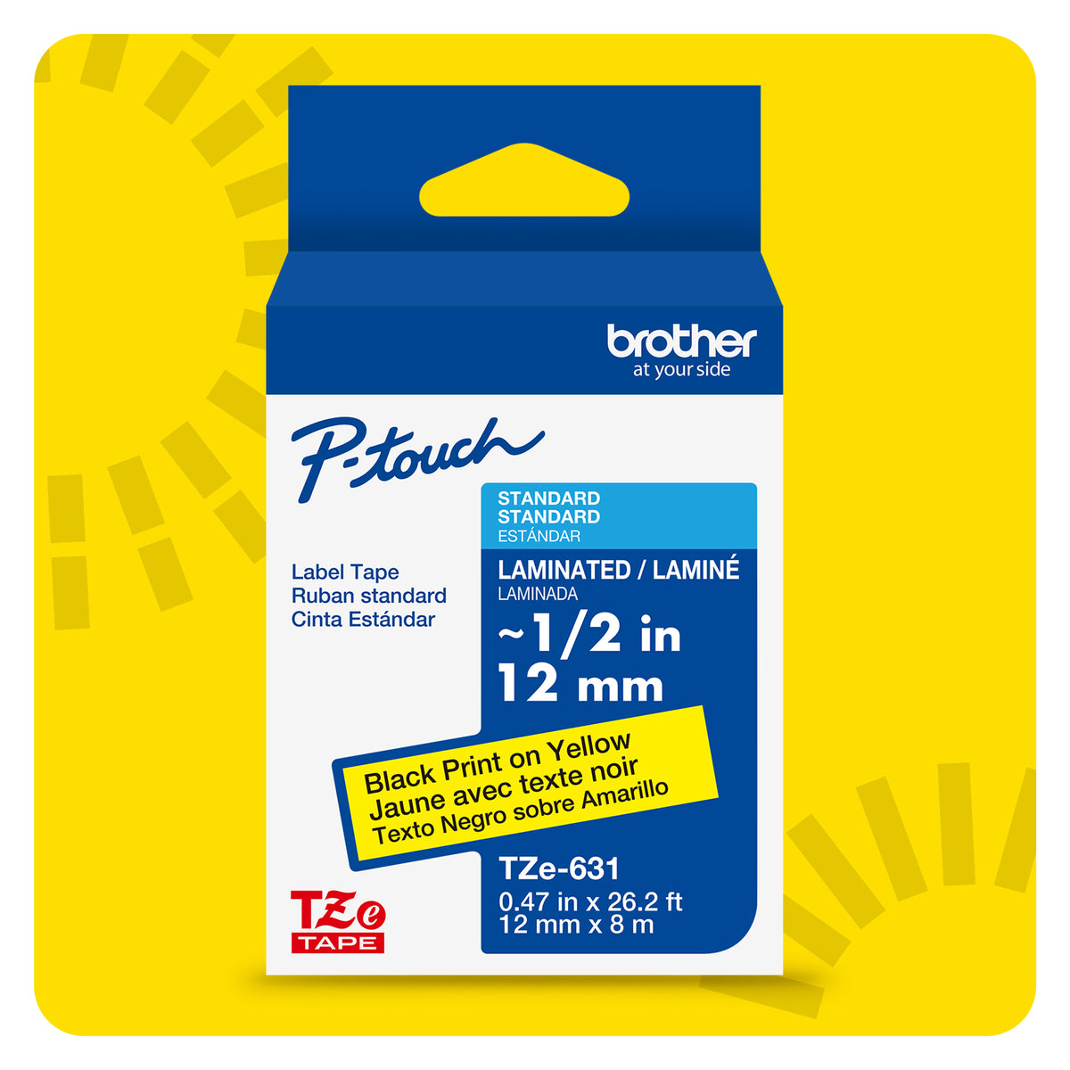 Cinta Laminada Brother Estándar Texto negro sobre cinta amarilla de 12mm x 8m