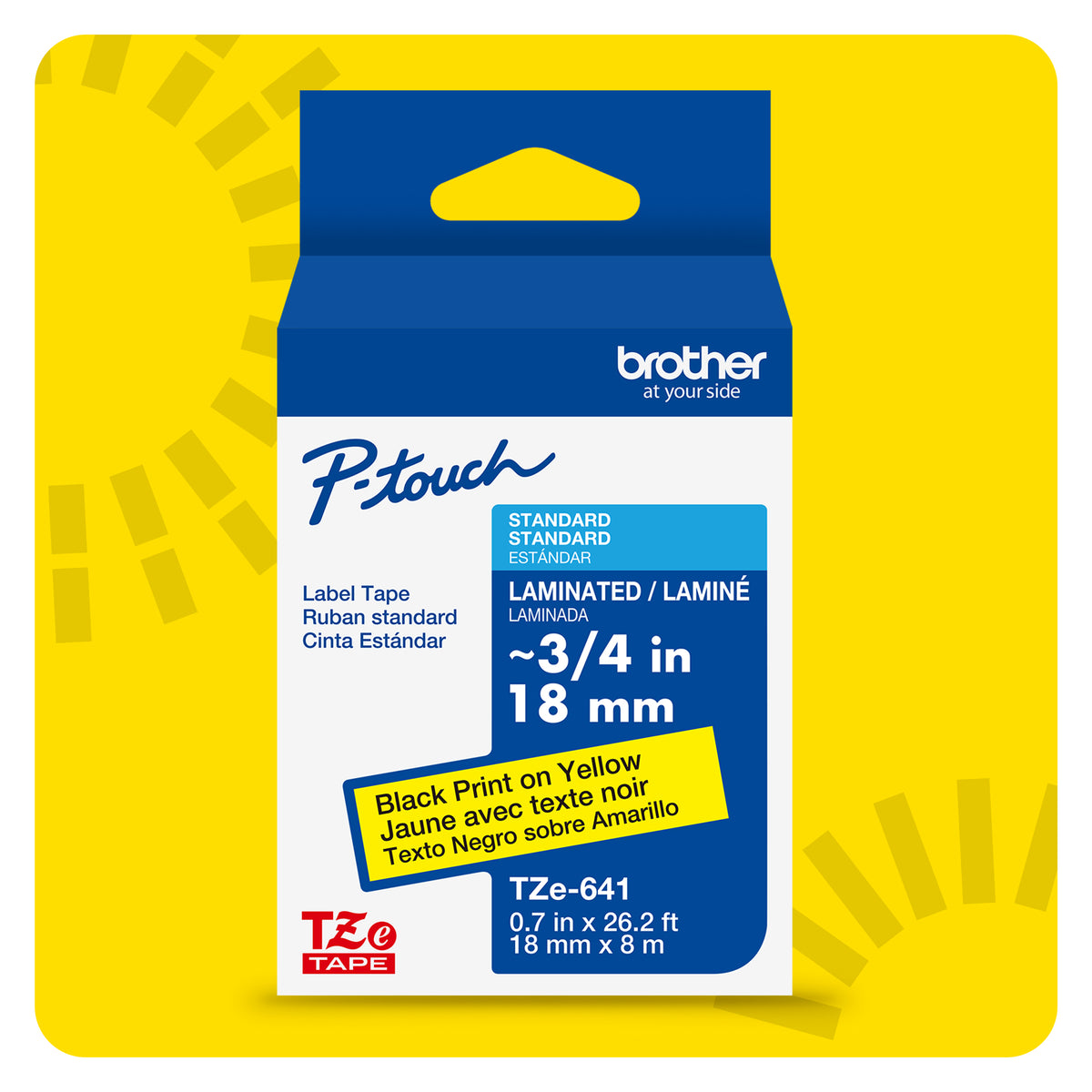 Cinta Laminada Brother Estándar Texto negro sobre cinta amarilla de 18mm x 8m