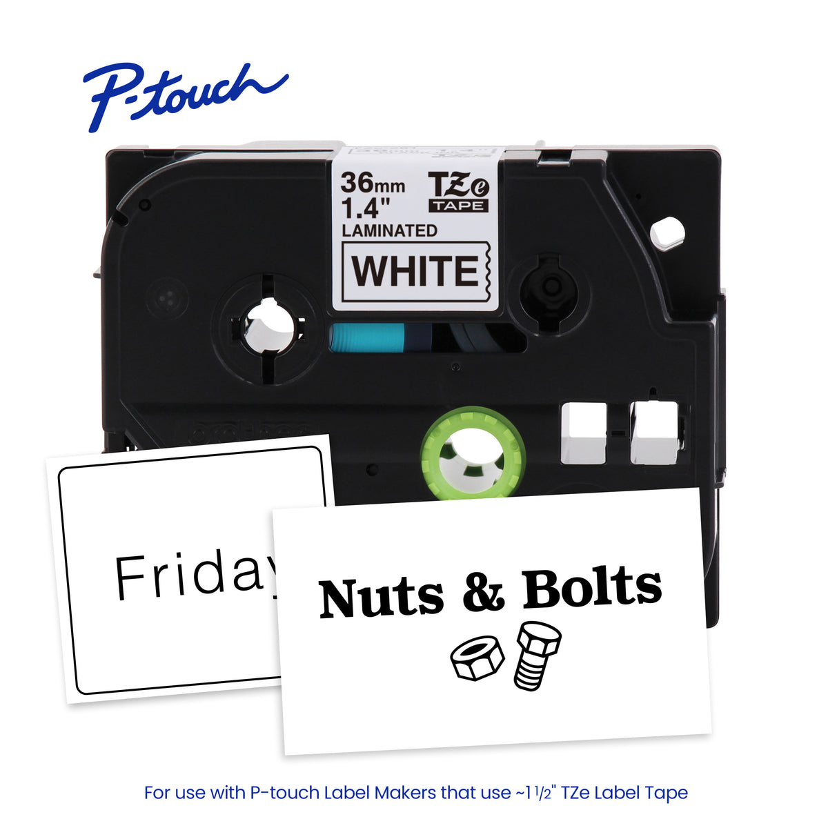 Cinta Laminada Brother Estándar Texto Negro sobre Cinta Blanca de 36mm x 8m