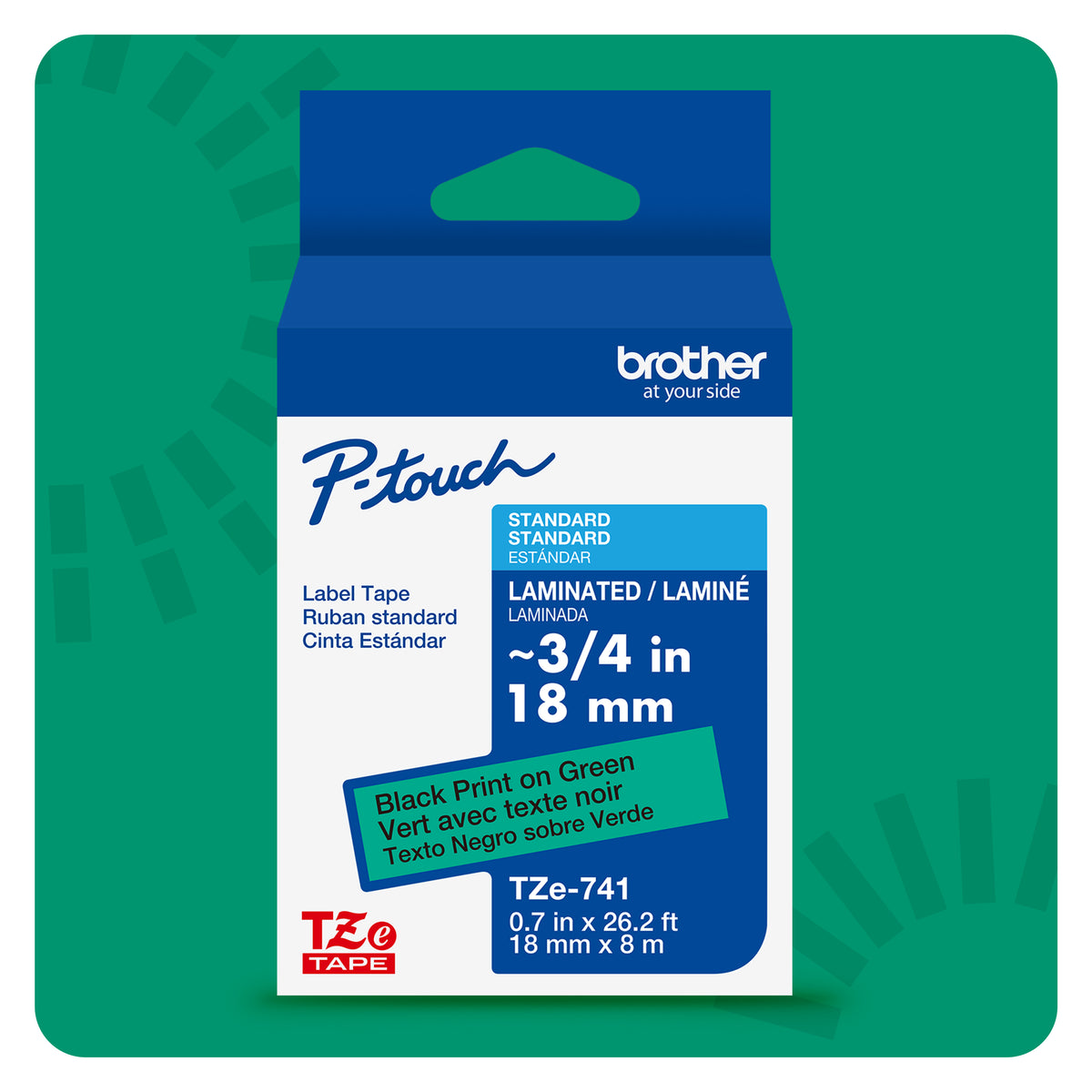 Cinta Laminada Brother Estándar Texto negro sobre cinta de 18mm x 8m — Verde