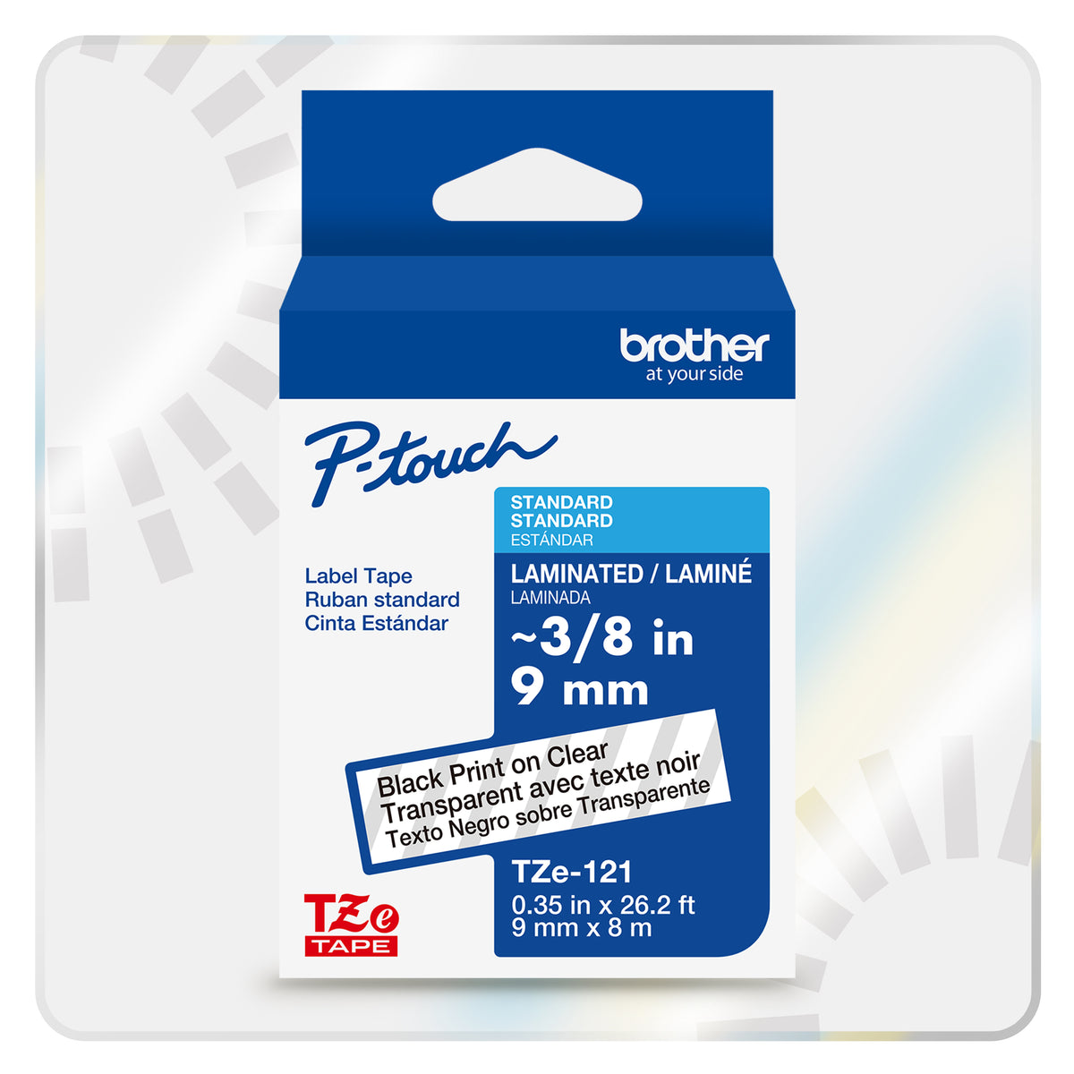 Cinta Laminada Brother Estándar Texto negro sobre cinta de 9mm x 8m — Transparente