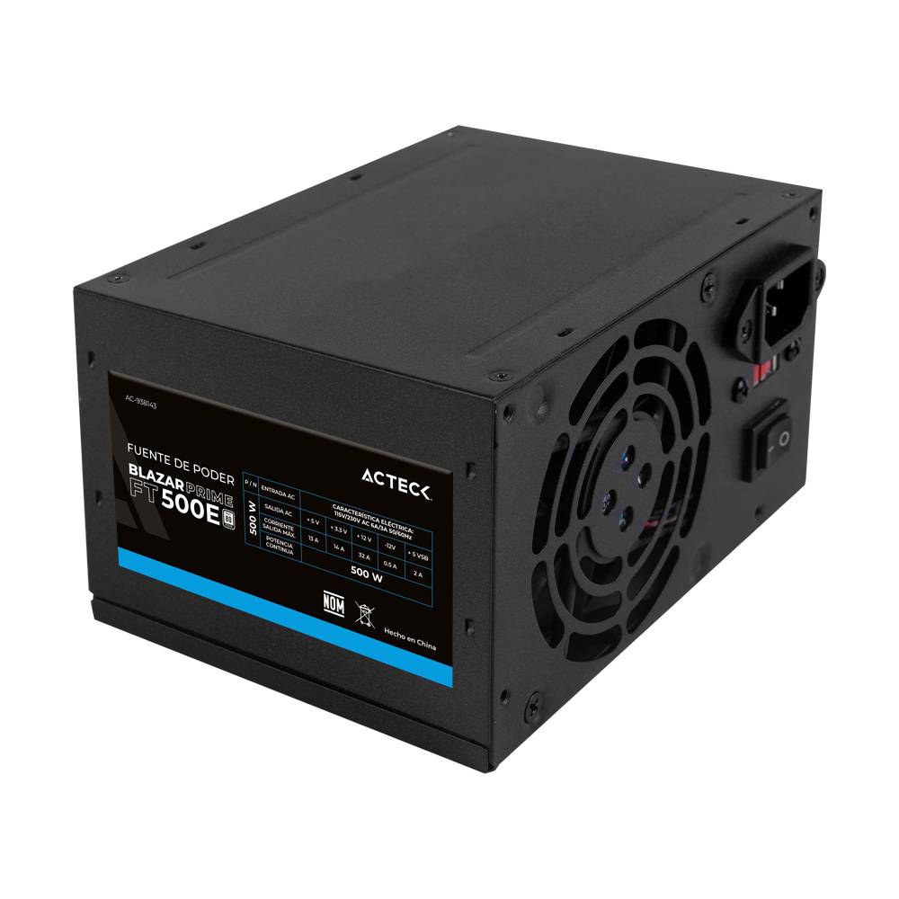 Fuente de Poder Acteck Blazar Prime FT500P ATX 500W 1x20+4 pin + 1xAtx 4 + 2xSata + 2xMolex 4 pin + 1x Negro