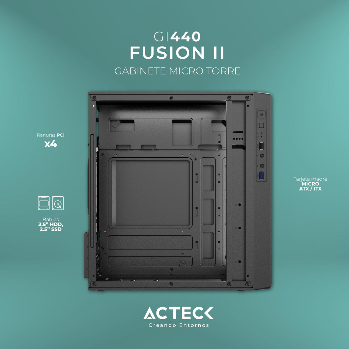 Gabinete Acteck Mini Torre Fusion II GI440 Max MB M-ATX 1xUSB 3.0 Advanced Series Negro