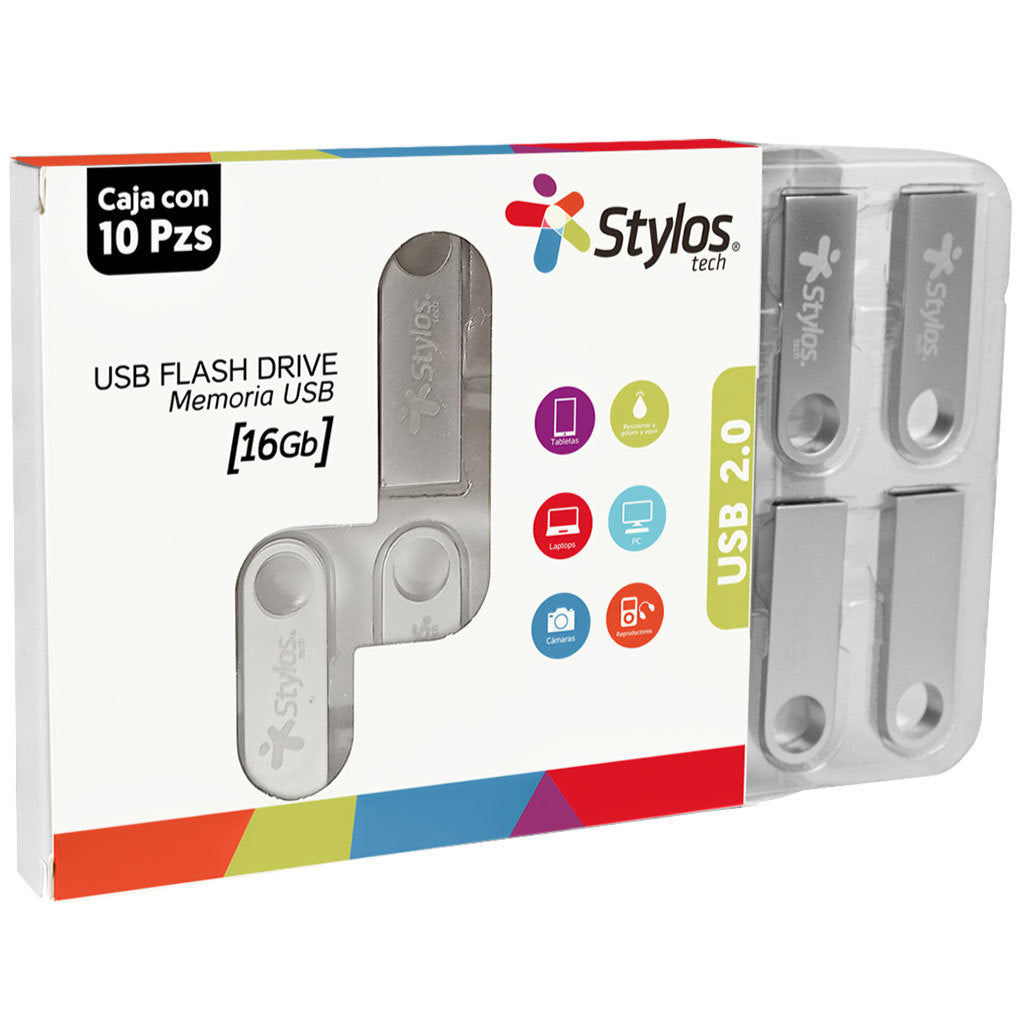 Kit 10 Memorias USB Stylos ST100 16GB Conexión Tipo A 2.0 Metalica Plata