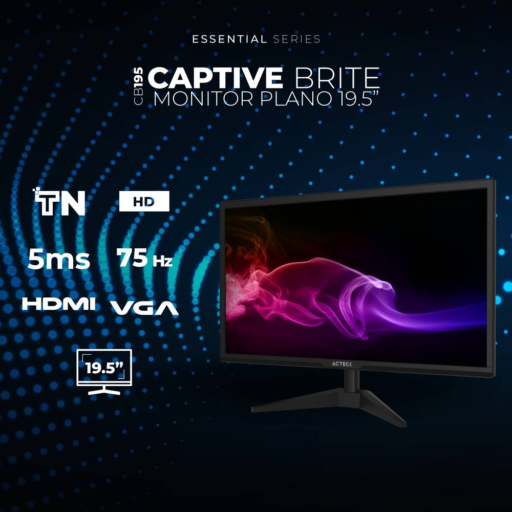 Monitor Acteck 19.5" Plano TN Captive Brite CB215 HD 75Hz-60Hz 5ms 1xVGA 1xHDMI Vesa 75 x 75 mm Negro