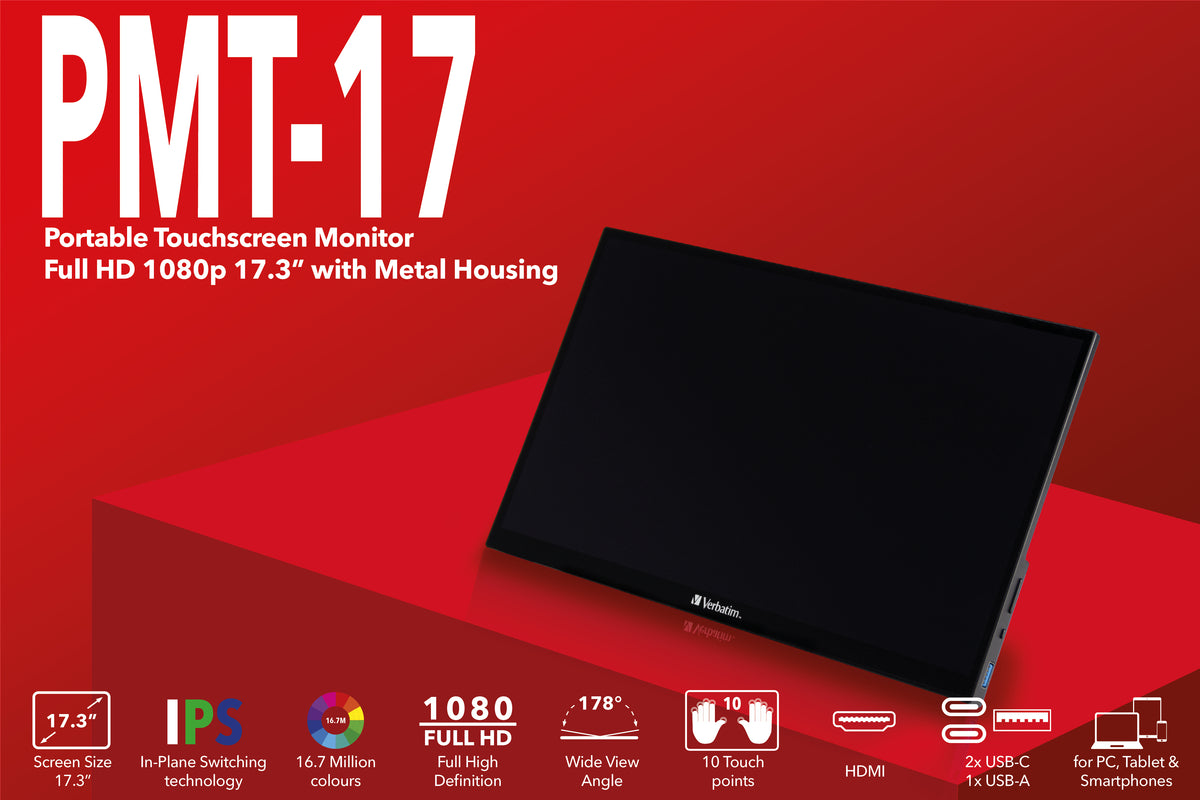 Monitor Verbatim 17.3" Touch Portátil Full HD 1080p Resolución 1920x1080