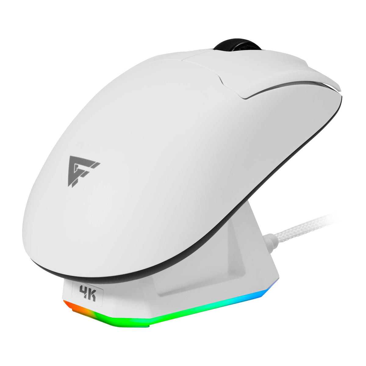 Mouse Game Factor MOW800 Inalámbrico Wireless 2.4G BT Pixart 3395 26.000 DPI 4K HZ Base RGB Ultra Ligero 56G — Blanco