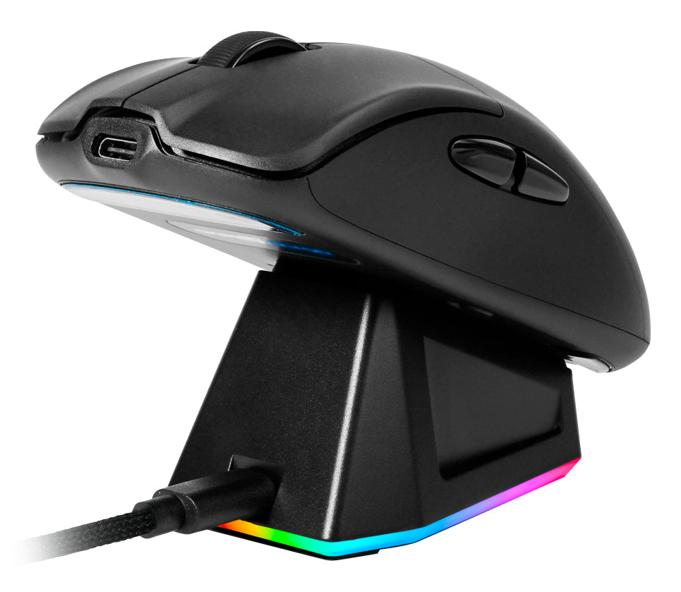 Mouse Game Factor MOW800 Inalámbrico Wireless 2.4G BT Pixart 3395 26.000 DPI 4K HZ Base RGB Ultra Ligero 56G — Negro