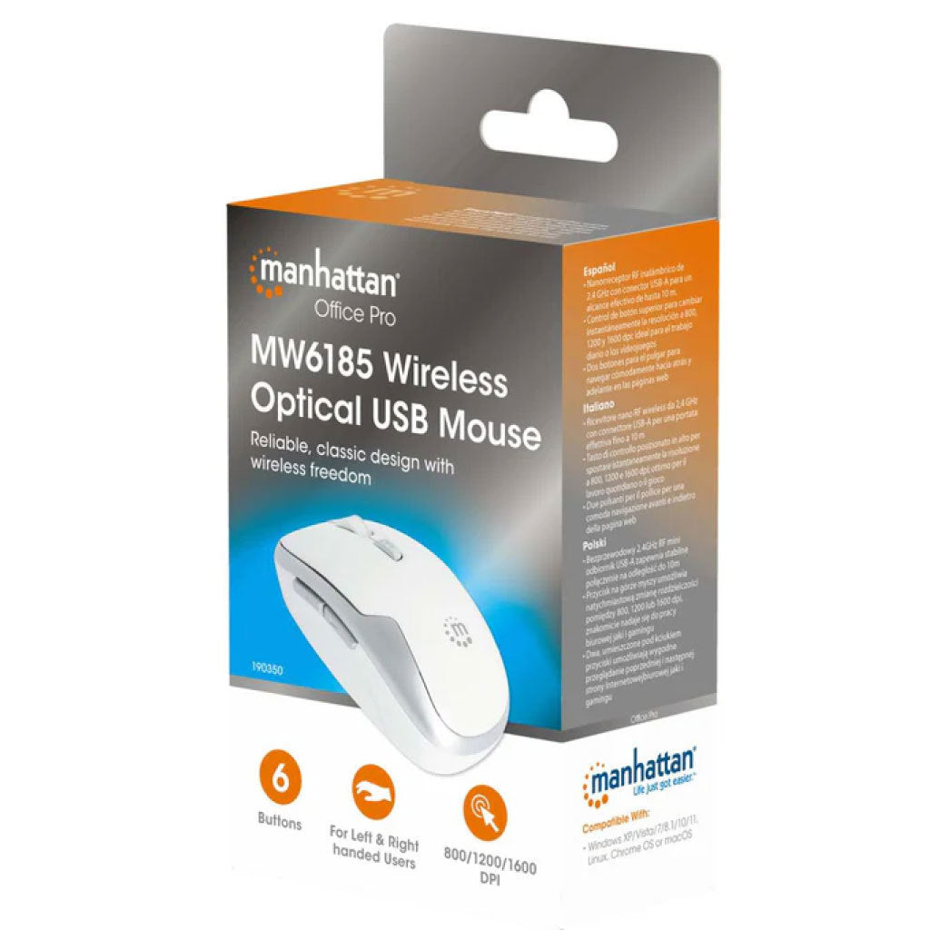 Mouse Óptico Inalámbrico Manhattan 6 botones Diestro 2.4G Blanco