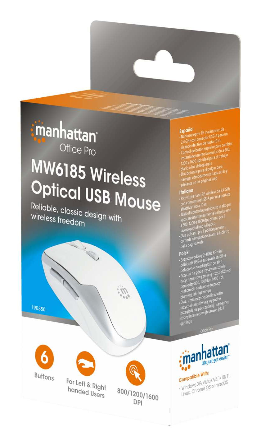 Mouse Óptico Inalámbrico Manhattan 6 botones Diestro 2.4G Blanco