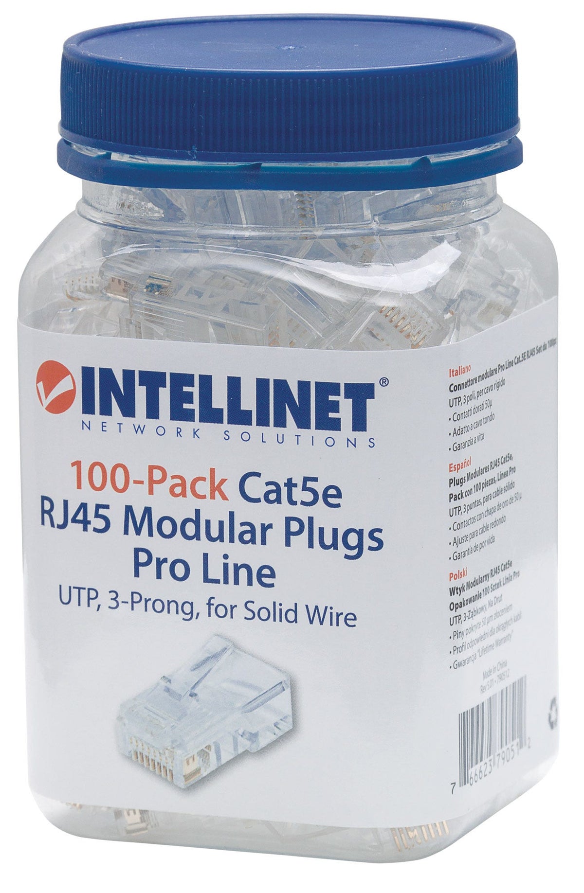 Plug Intellinet RJ45 Cat5e Solido UTP Oro 50 Micras Pro Bote con 100 Pzas