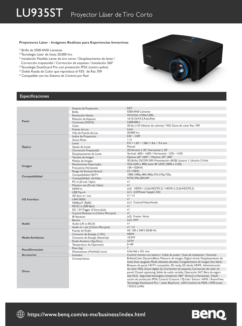 Proyector BenQ LU935ST Laser 5500 Lumenes Tiro Corto WUXGA 20000 Hrs HDMI/USB/RJ45/Bocina 10Wx2