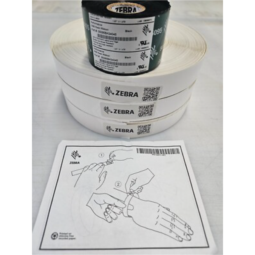 Pulseras Zebra de poliester 1x11 pulg TT Z-Band 4000 Nucleo 3pulg 530pzs/Cja con 3 Rollos + cinta de resina 5095