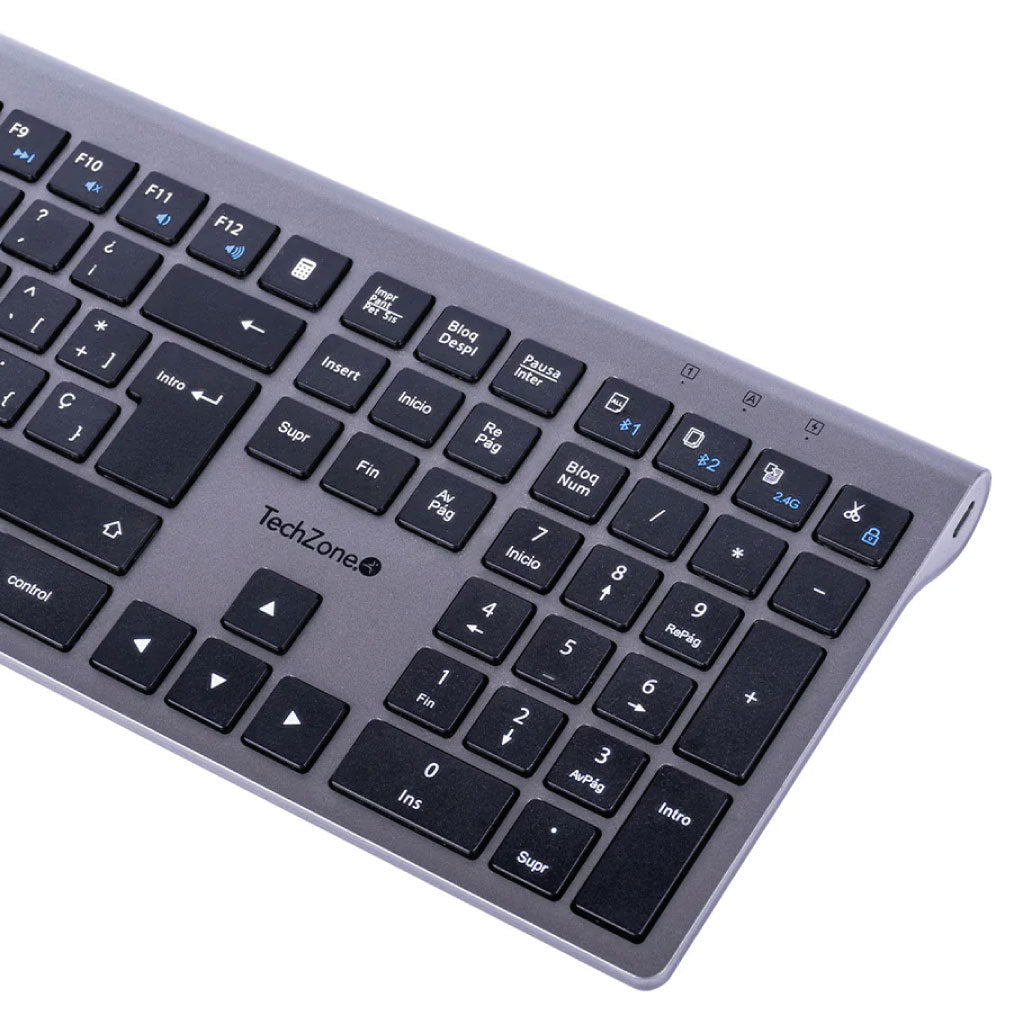 Teclado Techzone Hefestos Recargable Multipunto Bluetooth 10m de Alcance Color Plata