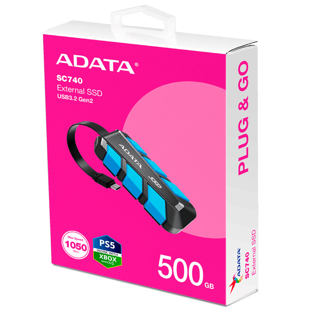 Unidad de Estado Sólido SSD ADATA Portátil SC740 500GB USB 3.2 Color Azul
